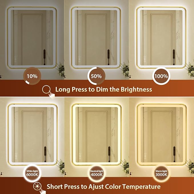 36x48 Inch LED Bathroom Mirror with Gold Frame,Front and Backlit Vanity Mirror, Stepless Dimmable Wall Mirrors with Anti-Fog, 3 Colors, Memory, Waterproof, LED Smart Bathroom Mirror