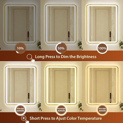 36x48 Inch LED Bathroom Mirror with Gold Frame,Front and Backlit Vanity Mirror, Stepless Dimmable Wall Mirrors with Anti-Fog, 3 Colors, Memory, Waterproof, LED Smart Bathroom Mirror