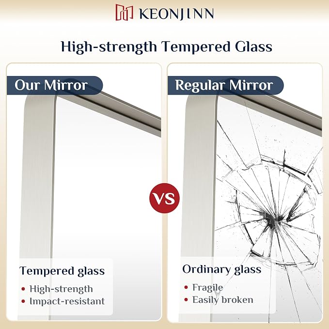 Keonjinn 48 x 24 Inch Brushed Nickel Bathroom Vanity Mirror, Aluminum Frame | HD Tempered Glass, Silver Bathroom Mirrors for Over Sink, Rust-Resistant, Rounded Rectangle, French Cleat Mount, Home Décor