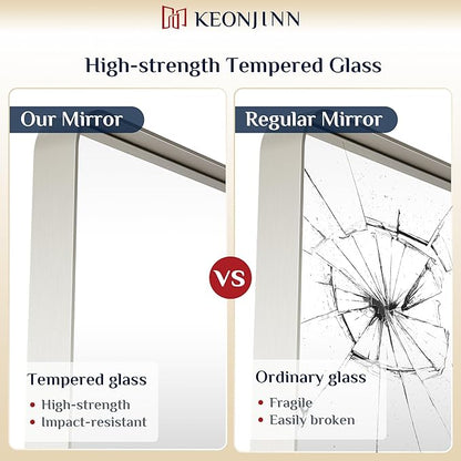 Keonjinn 28 x 36 Inch Brushed Nickel Bathroom Mirror, Tempered Glass | Rounded Rectangle Vanity Mirror, Silver Bathroom Mirrors for Over Sink, Rust-Resistant Aluminum Frame, French Cleat Mount