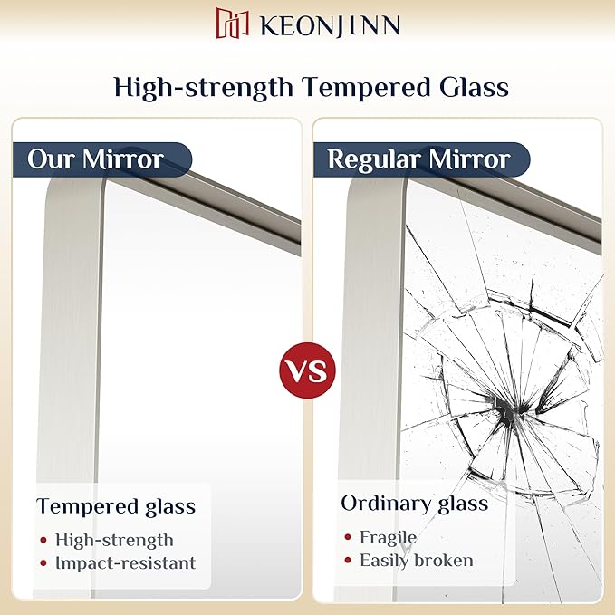 Keonjinn 55 x 36 Inch Brushed Nickel Bathroom Mirror, Tempered Glass | Silver Bathroom Mirrors for Over Sink, Rounded Rectangle Vanity Mirror, Rust-Resistant Aluminum Frame, French Cleat Mount