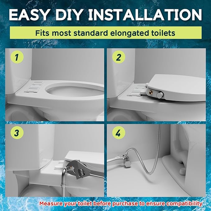 Elongated Bidet Toilet Seat with Soft-Close Lid, Self-Cleaning Dual Nozzles, Non-Electric Bidet Seat with Adjustable Water Pressure, White Toilet Seat for Elongated Toilets with Brass Inlet