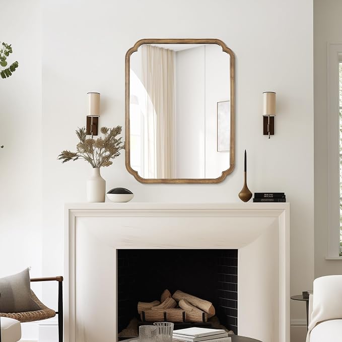 28" x 40" Rounded Corner Arch Wall Mirror with Wood Frame for Entryway, Living Room or Bedroom Home Decor - Light Woodgrain, Honey-Colored
