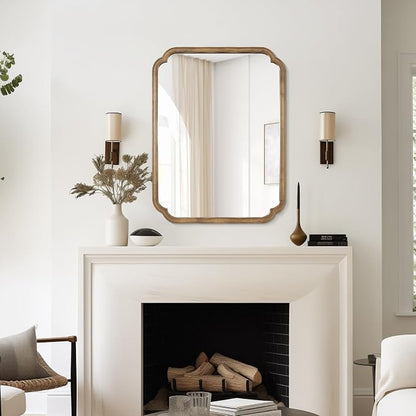 28" x 40" Rounded Corner Arch Wall Mirror with Wood Frame for Entryway, Living Room or Bedroom Home Decor - Light Woodgrain, Honey-Colored