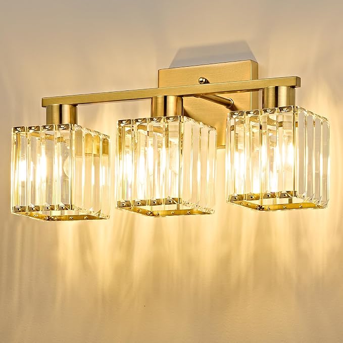 3-Light Bathroom Light Fixtures, Modern Gold Crystal Wall Light for Bathroom,Lighting Fixtures Over Mirror