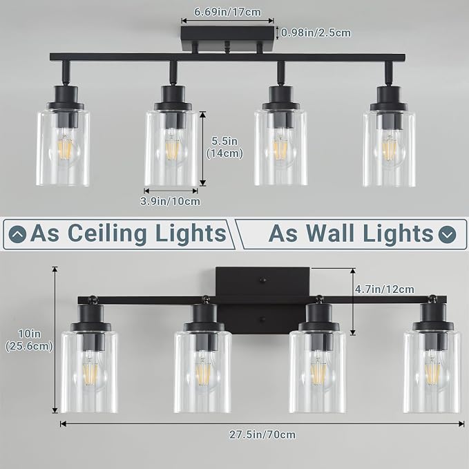 LOUSACE 4 Light Kitchen Track Light Fixtures Ceiling Vanity Lights Black, Bathroom Track Lighting Kit w/Rotatable Heads & Clear Glass Shade, Modern Wall Ceiling Tracking Light for Accent Shop Hallway