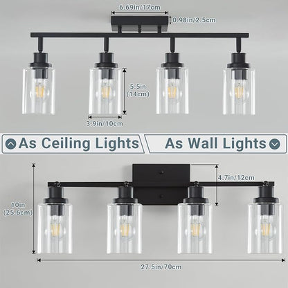 LOUSACE 4 Light Kitchen Track Light Fixtures Ceiling Vanity Lights Black, Bathroom Track Lighting Kit w/Rotatable Heads & Clear Glass Shade, Modern Wall Ceiling Tracking Light for Accent Shop Hallway