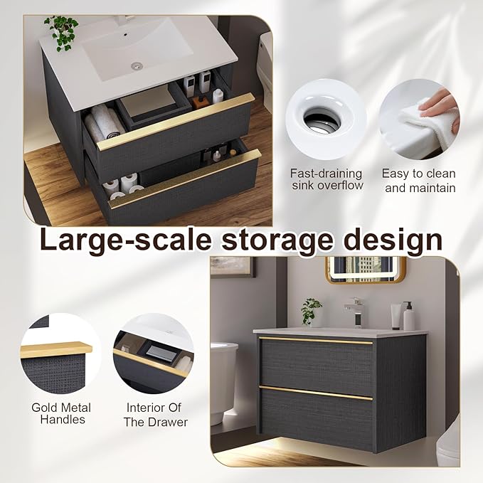 Floating Bathroom Vanity with Sink Wall Mounted Cabinet with 2 Soft-Close Drawers, Moisture-Resistant MDF,Large Storage for Small Space (Gray 30")