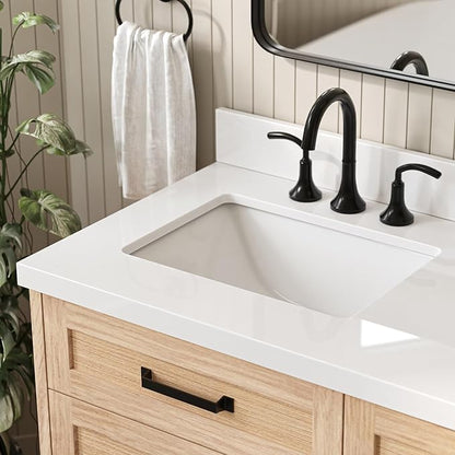 ARIEL Monroe 66-inch Bathroom Vanity with Sink,Solid Wood, 1.5-inch Pure White Quartz Countertop & Backsplash, Double Oval Porcelain Sink, 9 Dovetail Drawers, Matte Black, White Oak