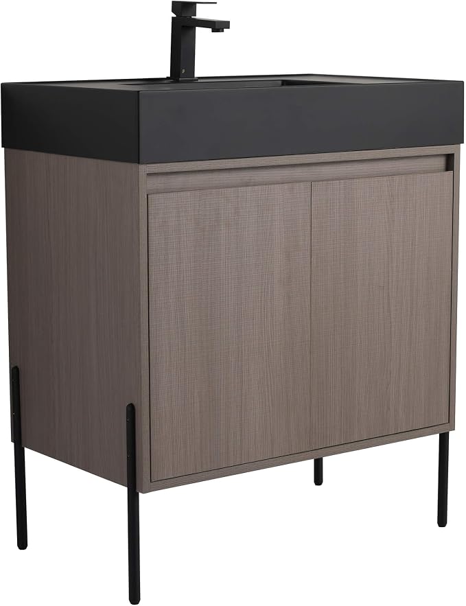 Crownpoint 30 Inch Bathroom Vanity with Sink, Black Sink, Gray Oak Finish, Full Assembly Required, Elegant Bathroom Vanities for Modern Homes