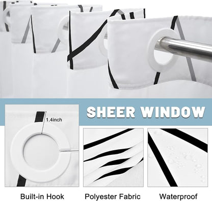 Black White No Hook Shower Curtain with Liner, 71 x 77 Inch | Stripe Pattern,Waterproof,Quick Dry,Mesh Top Window,Bottom Magnets,Hotel Style,Machine Washable,Modern,for Bathroom