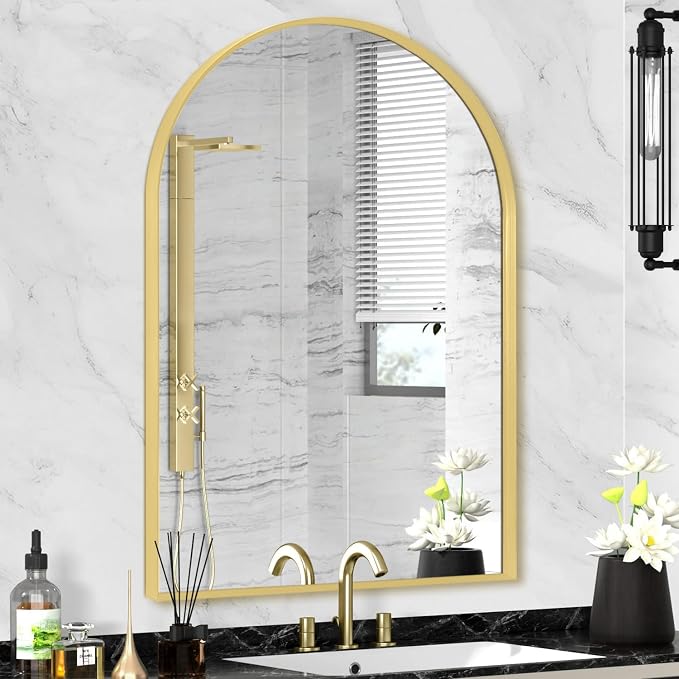 Gold Arched Mirror 22x30in, Metal Framed Bathroom Vanity Wall | Tempered Glass, Shatter Proof, Living Room Bedroom Entryway, Modern Elegant Design