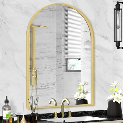 Gold Arched Mirror 22x30in, Metal Framed Bathroom Vanity Wall | Tempered Glass, Shatter Proof, Living Room Bedroom Entryway, Modern Elegant Design