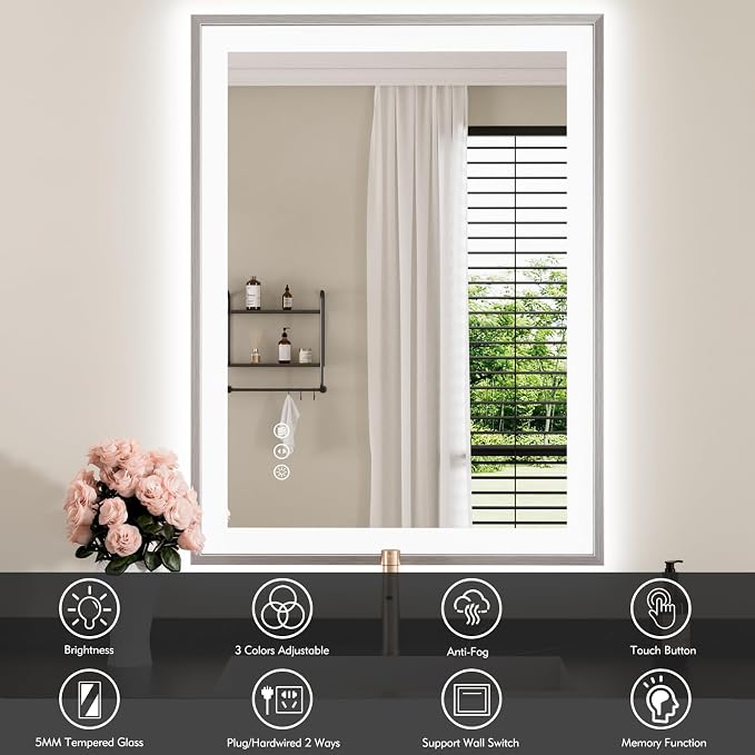 24x32 Inch Silver Frame LED Mirror for Bathroom | Silver Metal Frame, Front and Backlit, 3 Colors, Dimmable, Memory, Anti Fog, Tempered Glass, Lighted Mirror for Wall