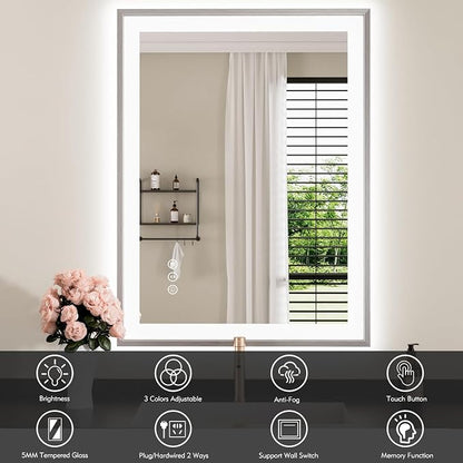 24x32 Inch Silver Frame LED Mirror for Bathroom | Silver Metal Frame, Front and Backlit, 3 Colors, Dimmable, Memory, Anti Fog, Tempered Glass, Lighted Mirror for Wall