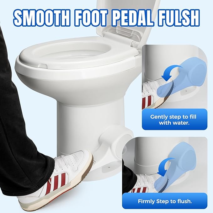 Efficient Gravity-Flush RV Toilet with Quiet-Close, Triple-Jet Flush with Adjustable Water Level, Standard Height and Foot Pedal for RVs, Trailers, and Campers