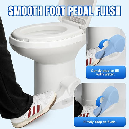 Efficient Gravity-Flush RV Toilet with Quiet-Close, Triple-Jet Flush with Adjustable Water Level, Standard Height and Foot Pedal for RVs, Trailers, and Campers