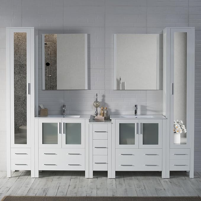 Blossom 102 Inch Bathroom Vanity with Linen Tower, Glossy White | Solid Wood, Extra Wide Double Sink, Modern European Design, Moisture Resistant Painted Finish, Includes 2 Mirror Cabinets