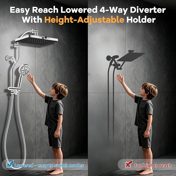 Hibbent 13'' Rain Showerhead Combo, 10 Mode Filtered Handheld Spray, Chrome | High Pressure 5-Spray Showerhead, 4-way Diverter, Upgraded Heightened All Metal Extension Arm, 71'' Hose & Holder, Easy Reach