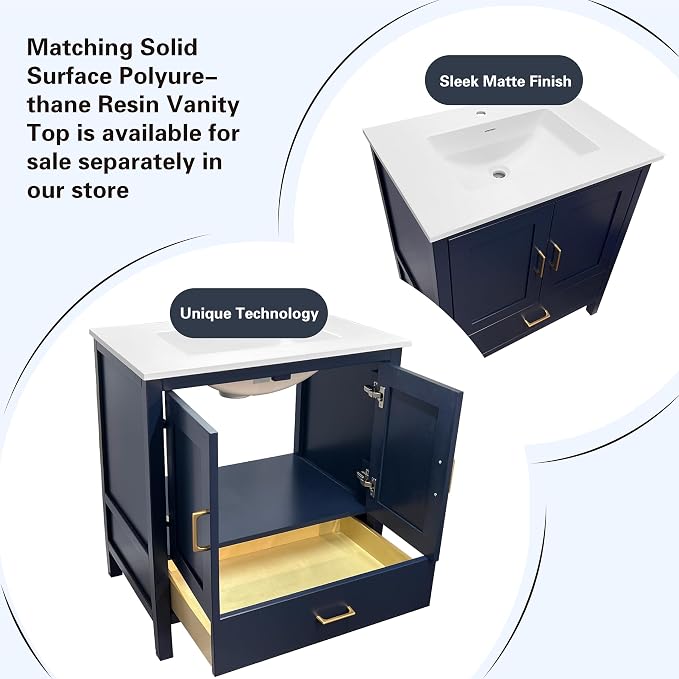 30" Blue Bathroom Vanity Base Only – Freestanding Solid Wood Sink Cabinet with Bottom Drawer, Shaker Style Storage, No Top or Sink, 30" W x 21" D x 34.5" H
