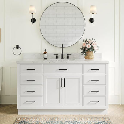 ARIEL Hepburn 60-inch Bathroom Vanity Base Cabinet,Solid Wood, 2 Soft Closing Doors, 9 Dovetail Drawers, White