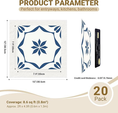 20-Pack Peel and Stick Floor Tile, 7.9”x7.9” Self-Adhesive Vinyl Flooring for Bathroom Kitchen, Waterproof Non-Slip Durable Easy DIY Removable No Residue Blue