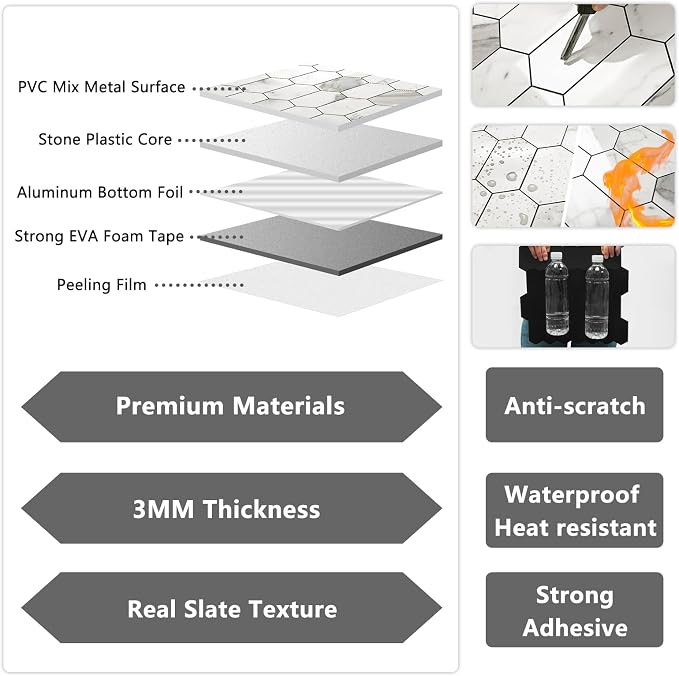 Vamos Tile Long Hexagon Peel and Stick Backsplash Tile - 10 Sheets Stick on Backsplash for Kitchen and Bathroom 12.4 x 12 Inch Glossy Carrara White PVC Self Adhesive Mosaic Wall Tiles