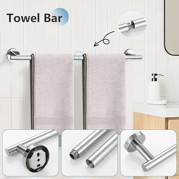 5-Piece Towel Bar Set Polished Chrome Bathroom Hardware Set Upgraded Towel Hooks Towel Racks Set for Bathroom Stainless Steel Wall Mounted Towel Holder Set 23.6 Inch
