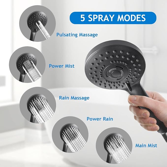 12” Black High/Low Pressure Water Rain Shower Head with 11” Extension Arm | 5 Settings Handheld Shower Head Combo,Powerful Shower Spray - Matte Black, Powerful Shower Spray Against Low Pressure Water