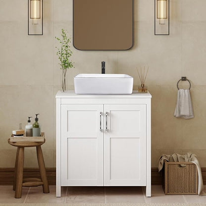 YOURLITE Bathroom Vanity with Sink,30" White Bathroom Vanity Cabinet with White Ceramic Sink Faucet & Pop Up Drain Set