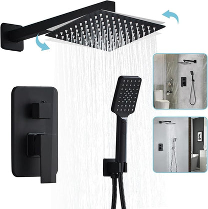 8 Inch Shower System with Tub Spout, Black Shower Faucet Set for Bathroom, Square High Pressure Shower Head, 2-Setting Handheld Faucets Sets, Wall Mounted Rainfall Shower Valve Kit