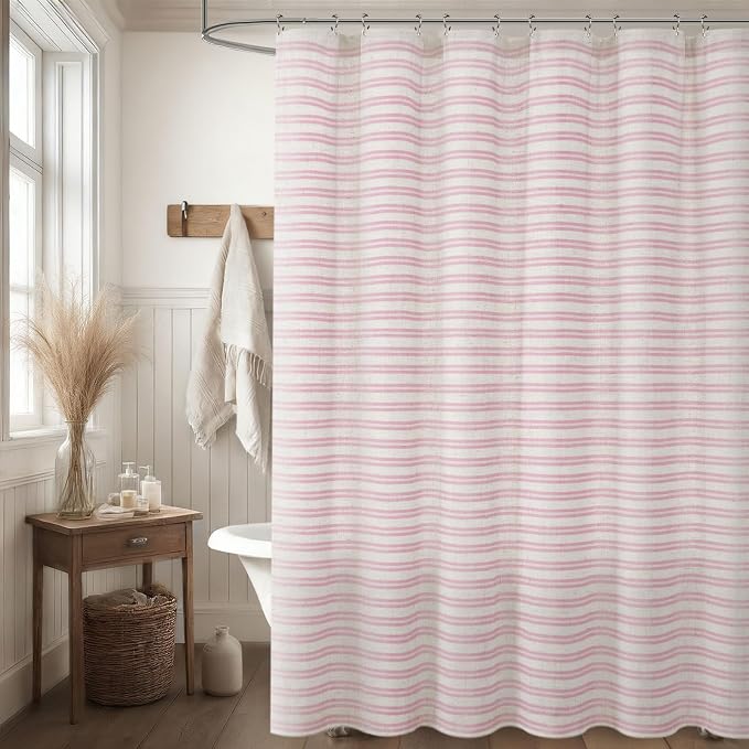 Farmhouse Striped Shower Curtain Horizontal Pink Vintage Linen 72"W X 72"L | Striped Shower Curtains with Linen Texture for Bathroom Decor