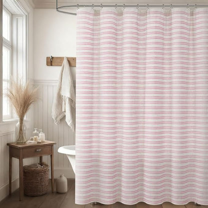 Farmhouse Striped Shower Curtain Horizontal Pink Vintage Linen 72"W X 72"L | Striped Shower Curtains with Linen Texture for Bathroom Decor