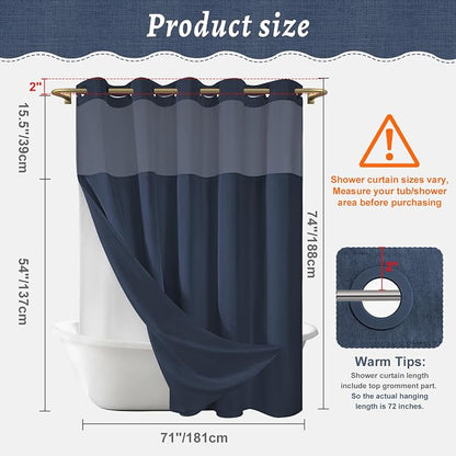 WONICY No Hook Shower Curtain with Snap-in Liner, Navy, 71 x 74 Inch | Ringless, Waterproof & Washable, Hotel Style, Mesh Top Window, Bottom Magnets, Thick, Farmhouse, for Bathroom
