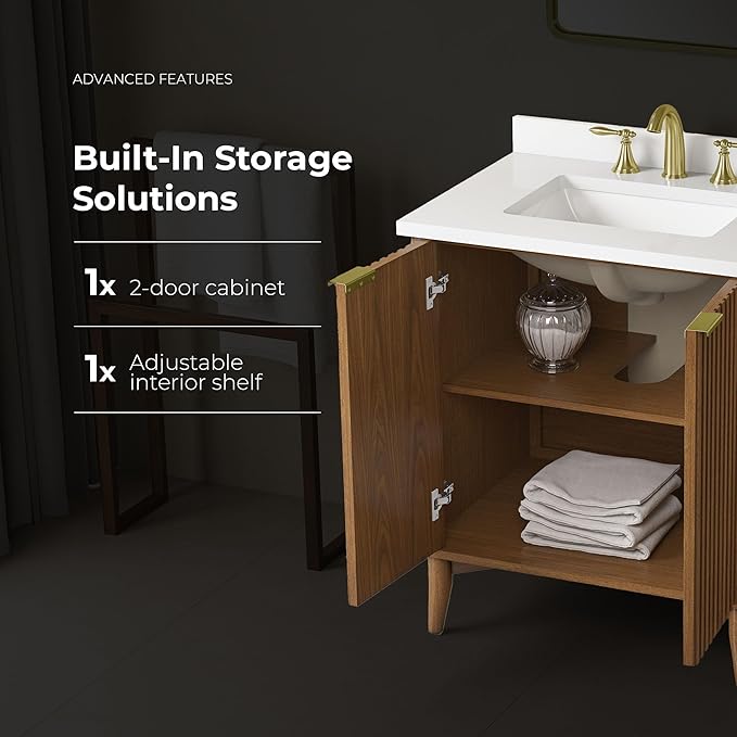 OVE Decors Indy 30 in. Undermount Single Sink Bathroom Vanity with White Engineered Marble Top, Warm Walnut