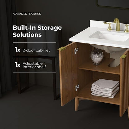 OVE Decors Indy 30 in. Undermount Single Sink Bathroom Vanity with White Engineered Marble Top, Warm Walnut