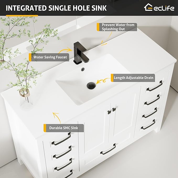 eclife 48" Bathroom Vanities with Sink Combo, Modern Thickened Wood Bathroom Storage Cabinet w/Undermount Single Sink, Matte Black Faucet Drain, Painted Surface, White