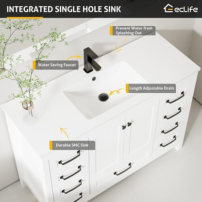 eclife 48" Bathroom Vanities with Sink Combo, Modern Thickened Wood Bathroom Storage Cabinet w/Undermount Single Sink, Matte Black Faucet Drain, Painted Surface, White