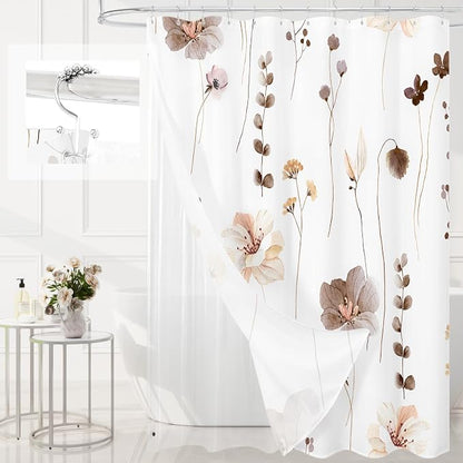 3 in 1 Brown Watercolor Floral Shower Curtain Liner Set, 72x72 | 3 in 1 Shower Curtain Set, PEVA Liner& 12 Double Sided Steel Hooks, Waterproof Fabric Bathroom Curtain