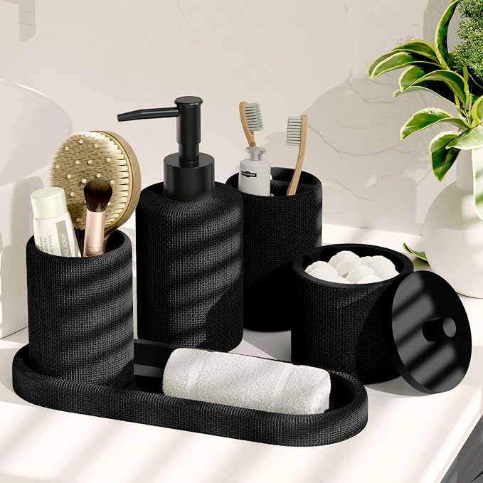 Clara Clark Bathroom Set - Black Bathroom Accessories Set, 24PC Bathroom Accessory Set, Bathroom Sets with Shower Curtain Set, Adhesive Corner Shower Caddy Hanging & Soap Dispenser