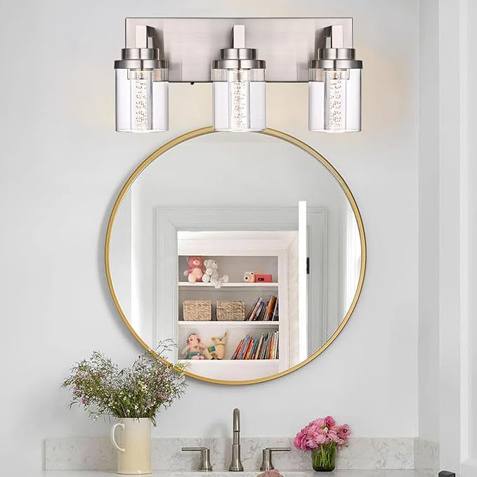 MELUCEE 3 Light Modern LED Bathroom Vanity Light Bar Brushed Nickel | Bubble Crystal Vanity Lights Over Mirror Bath Wall Light Fixture with Clear Glass Shade,5CCT Adjustable