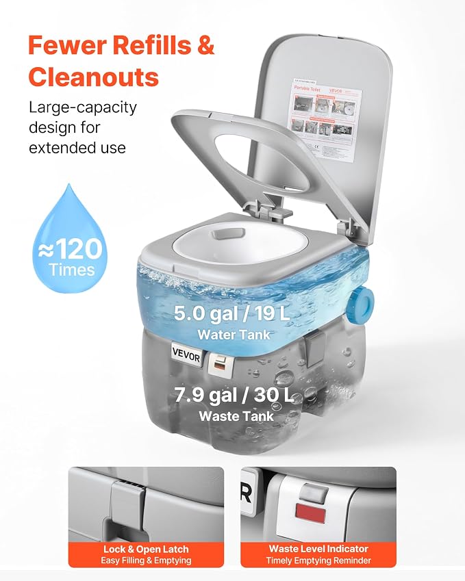 VEVOR Portable Toilet, 7.9 Gal Detachable Waste Tank & 5 Gal Flush Tank, 200 Flushes, Camping Toilet for Adults, Outdoor Porta Potty with Level Indicator, Suitable for RV Travel, Camping, Hiking