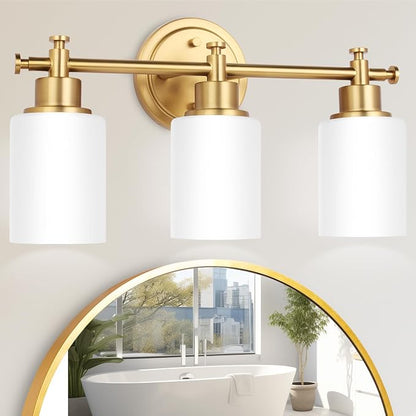 3-Light Gold Bathroom Vanity Light Fixtures, Brushed Gold Wall Sconce, Champagne Gold Vanity Light with Milky White Glass Shade Over Mirror, Bathroom, Bedroom, Modern Style, E26 Base | Champagne Gold Vanity Light Over Mirror with Milky White Glass Shad...
