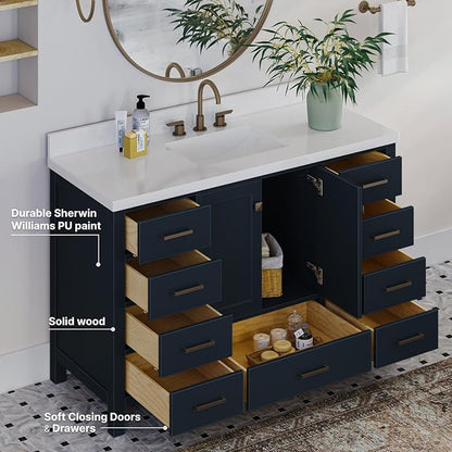 ARIEL Cambridge 54-inch Bathroom Vanity Base Cabinet,Solid Wood, 2 Soft Closing Doors, 9 Dovetail Drawers, Midnight Blue