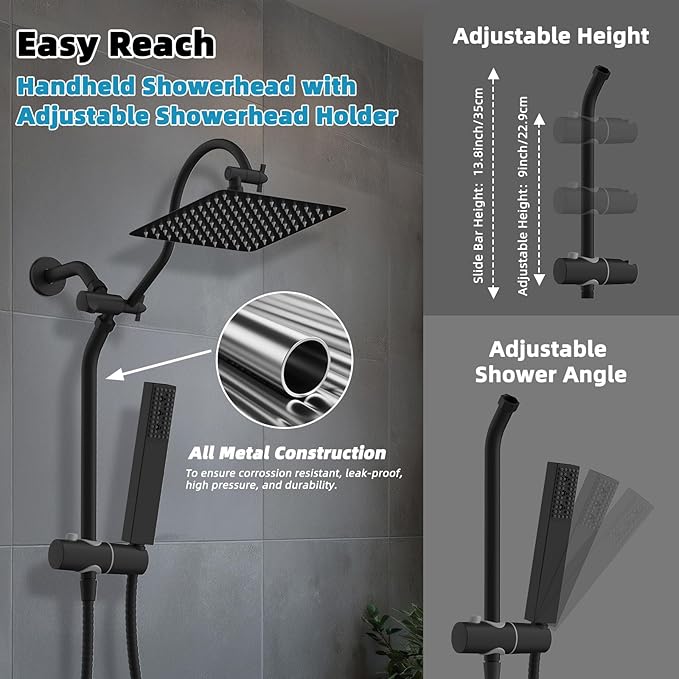 Hibbent 10'' Rainfall Shower Head with 4-mode Handheld Spray, Matte Black | cUPC Certified High Pressure Showerhead Combo, 12'' Adjustable Extension Arm, Extension Bar, Easy Reach Holder, 71'' Hose