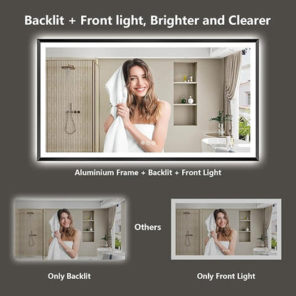 96x36 Black Framed LED Bathroom Mirror with Lights, Backlit and Front Light, Lighted Bathroom Vanity Mirror for Wall Dimmable Anti-Fog Memory Tempered Glass Horizontal/Vertical