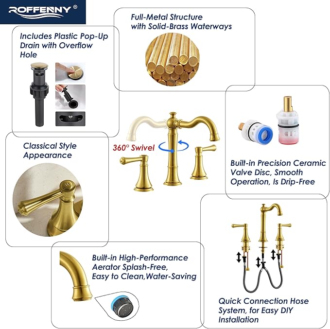 Brushed Gold Faucet Bathroom 8 inch Widespread for 3 Holes with Plastic Pop-Up Drain, Classical 2-Handle Gold Bathroom Vanity Sink Faucets, High Arc 360° Brass Swivel Spout