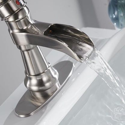 Brushed Nickel Bathroom Faucet Single Handle Waterfall Spout | Pop Up Drain and Supply Lines Included, One Hole Commercial Lavatory Deck Mount, Easy Install, Wipe-clean Surface