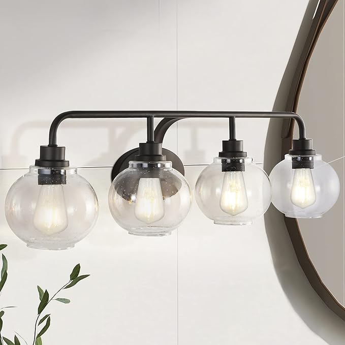 JONATHAN Y 36" Oil Rubbed Bronze Farmhouse LED Vanity Light Wall Sconce for Bathroom, Clear Seeded Glass Shade, Industrial Iron Indoor Fixture, LED Bulb Included (JYL7529A)