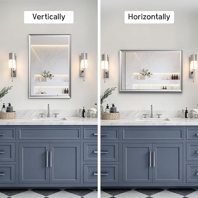 Brushed Nickel Bathroom Mirrors for Over Sink 24x36 Inch | Silver Rectangle Vanity Mirror, Wall Decor for Bedroom, Entryway, Living Room, Aluminum Framed, Curved Wide Edge, Anti-Rust